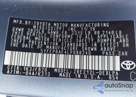 2020 Toyota Corolla Le from USA, damaged, VIN 5YFEPRAE4LP088240